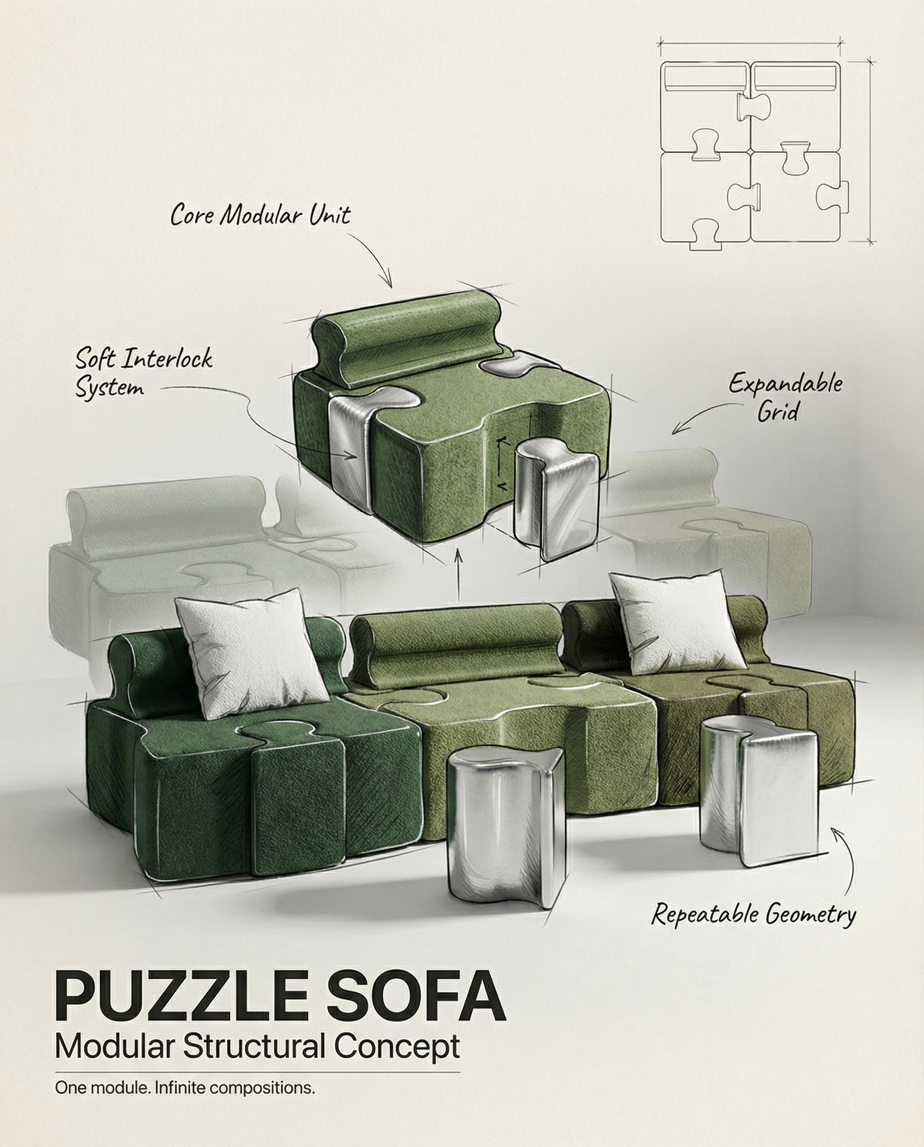 Puzzle Sofa — modular structural concept sketch