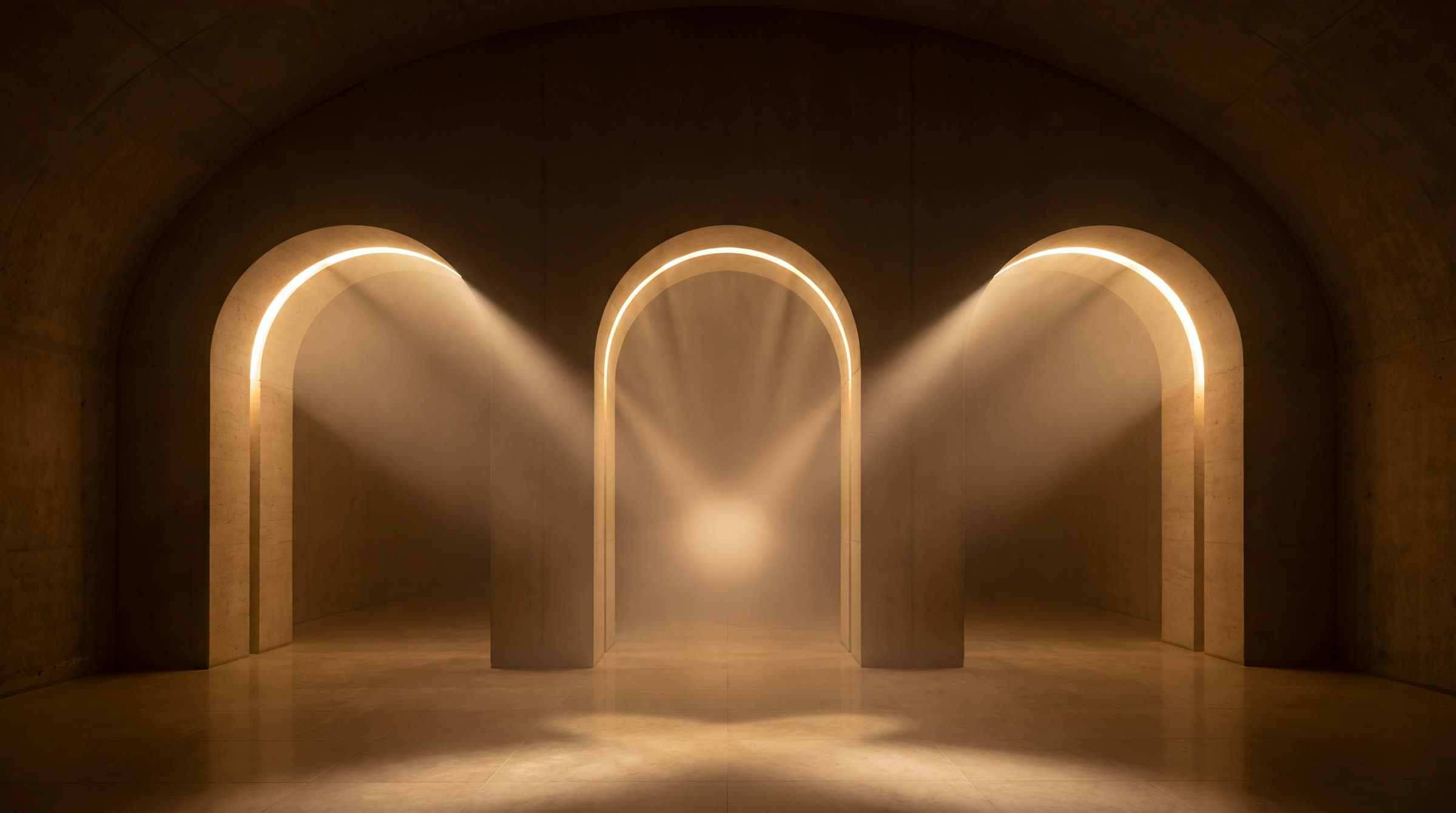 Three luminous arches forming a portal