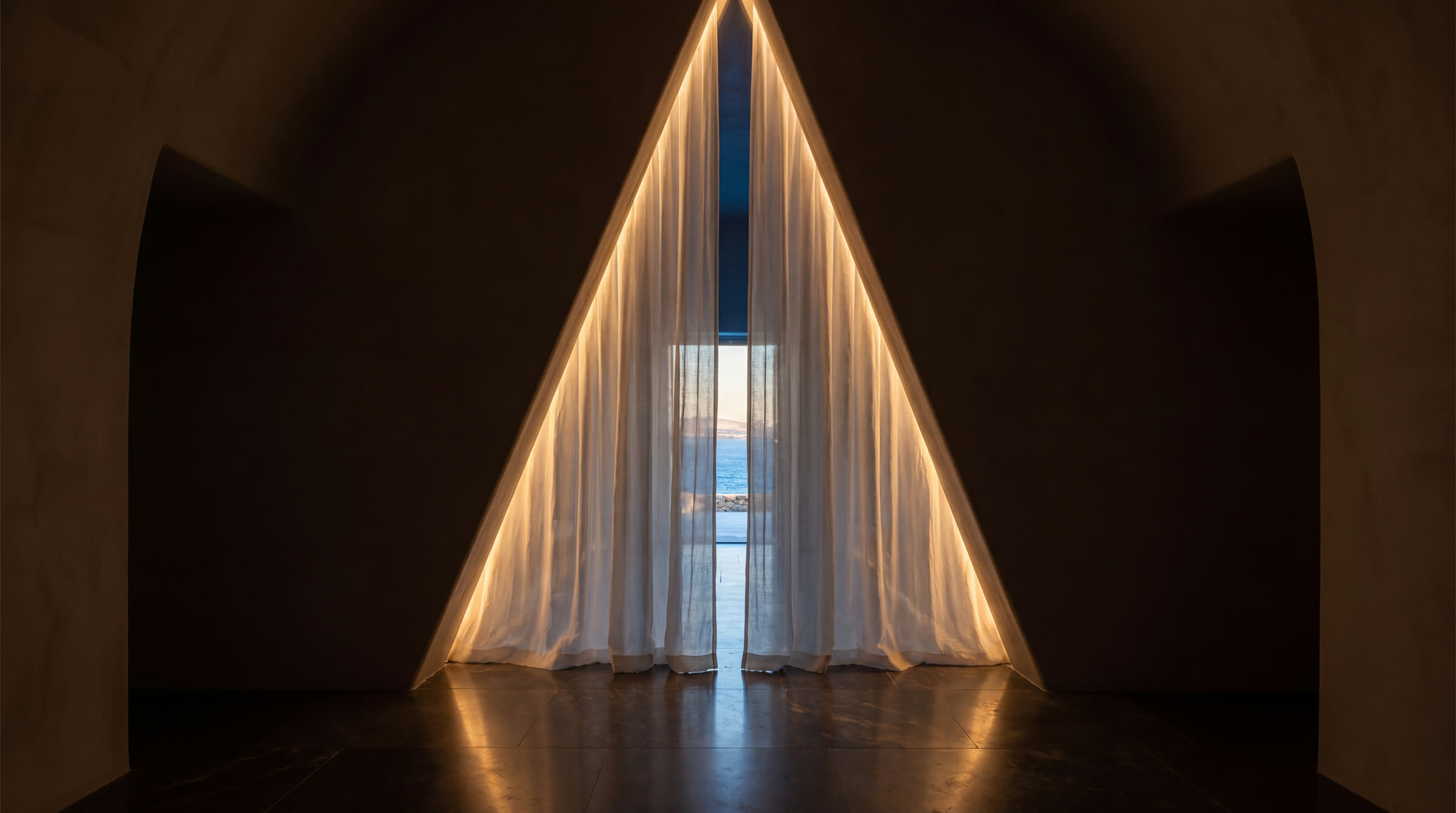 A triangular curtain, the world beyond